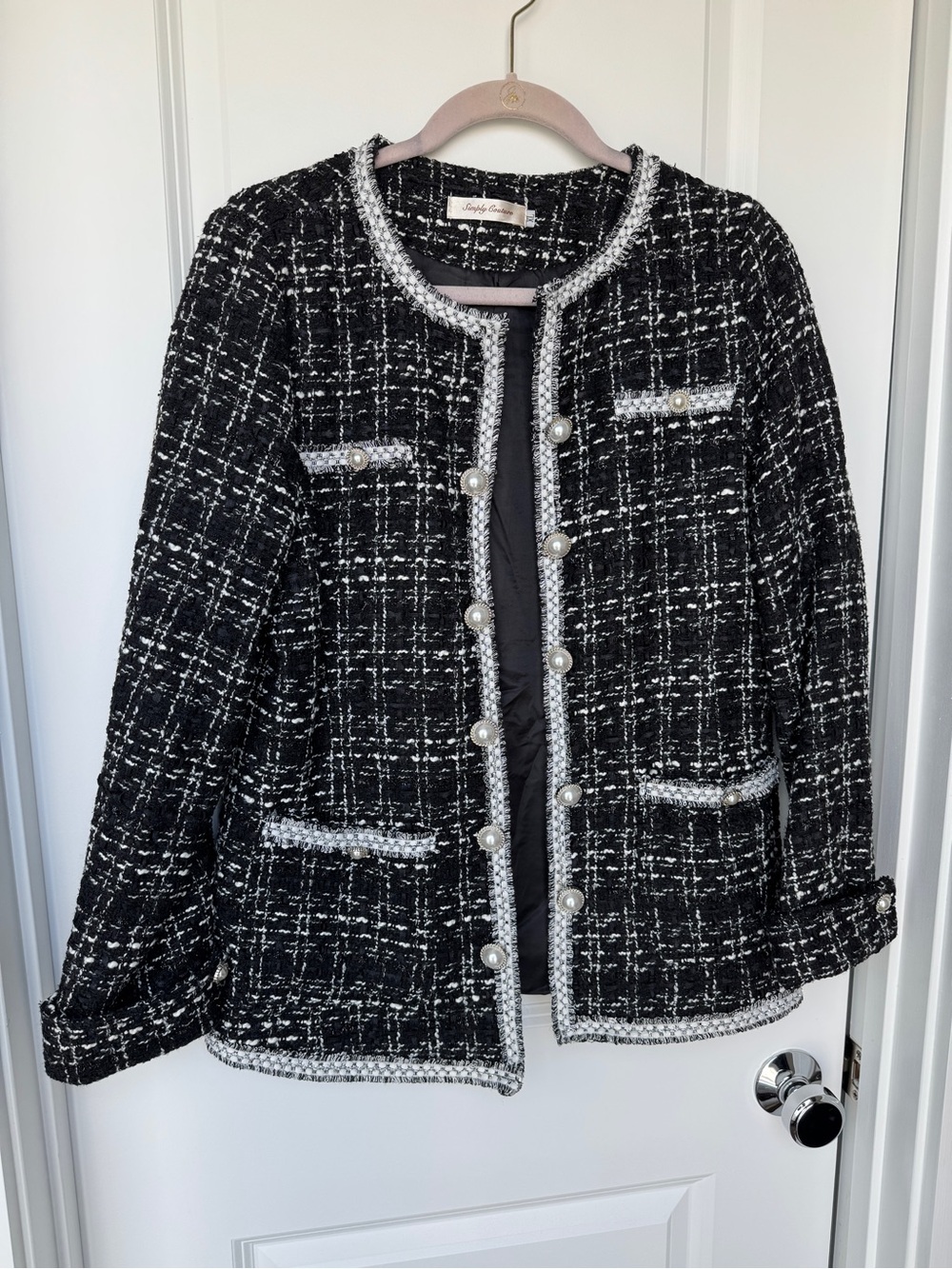 Classic Black & White Tweed Pearl-Button Jacket